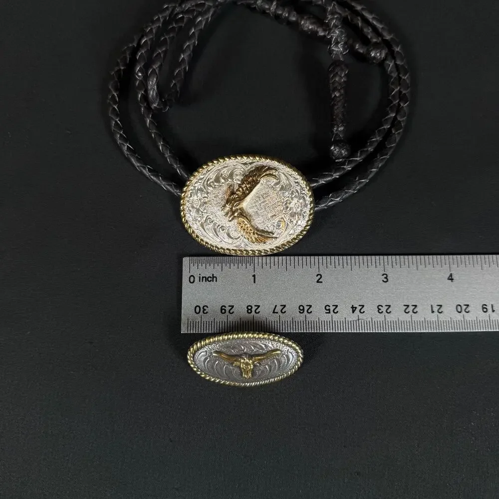 Crumrine Inc Eagle Bolo Tie Longhorn Concho Set Silver Gold Tone Western